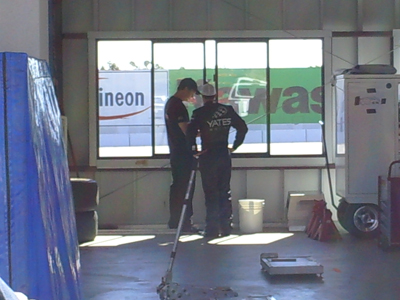 David Gilliland talks with a crew member during the testing session at Infineon Raceway (Photo Credit: The Fast and the Fabulous)