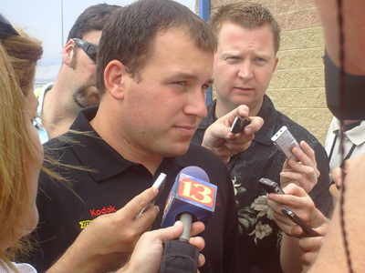 Ryan Newman answers questions outside the media center at Chicagoland Speedway on Saturday, July 12, 2008 (photo credit: The Fast and the Fabulous)