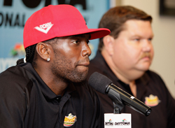 Randy Moss and David Dollar address the media Thursday to announce formation of Randy Moss Motorsports. (Photo Credit: John Harrelson/Getty Images for NASCAR)