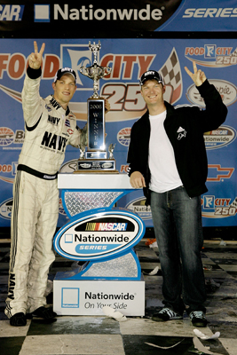 Brad Keselowski and Dale Earnhardt Jr. celebrate winning the Food City 250 at Bristol Motor Speedway, their second victory of the season. (Photo Credit: John Harrelson/Getty Images for NASCAR)