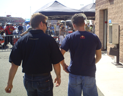 Jamie McMurray (left) and AJ Allmendinger (right) talk after leaving the drivers meeting for the Pepsi 500 at the Auto Club Speedway in Fontana, Calif. on Sunday, August 31, 2008 (photo credit: The Fast and the Fabulous)