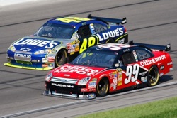 Carl Edwards, driver of the No. 99 Office Depot Ford, battled throughout the race with Jimmie Johnson, driver of the No. 48 Lowe's Chevrolet for the lead. Both wanted a win -- Johnson for his first at Kansas Speedway, Edwards for his hometown crowd. (Photo Credit: John Harrelson/Getty Images for NASCAR)