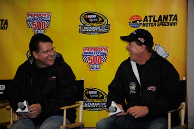 Johnny Benson and Ron Hornaday Jr. joked with each other at a news conference Friday at Atlanta Motor Speedway, but on the track, the two veteran drivers are battling for the NASCAR Craftsman Truck Series championship. (Photo Credit: Rusty Jarrett/Getty Images for NASCAR)