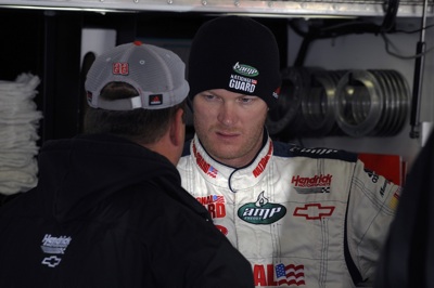 Dale Earnhardt Jr., driver of the No. 88 National Guard/AMP Energy Chevrolet, talks with crew chief Tony Eury Jr. prior to the NASCAR Sprint Cup Series event at Atlanta Motor Speedway. (Courtesy Hendrick Motorsports)