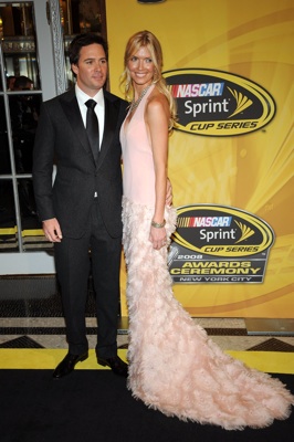 2008 NASCAR Sprint Cup Series Champion Jimmie Johnson with his wife Chandra enter the Waldorf=Astoria for Friday's NASCAR Sprint Cup Series Awards Ceremony in New York City. (Photo Credit: Brad Barket/Getty Images for NASCAR)
