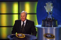 Rick Hendrick, 2008 NASCAR Sprint Cup Champion team owner, speaks to the crowd during the NASCAR Sprint Cup Series Awards Ceremony at the Waldorf=Astoria in New York City. (Photo Credit: Chris Trotman/Getty Images for NASCAR)
