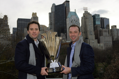 Jimmie Johnson and Chad Knaus pose with the NASCAR Sprint Cup Series trophy in Central Park in front of the New York City skyline. (Photo Credit: Chris Trotman/Getty Images for NASCAR)