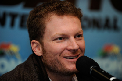NASCAR Sprint Cup driver Dale Earnhardt Jr. talked about everything from barbeque ribs and driver Brad Keselowski to racing in Talladega and what he names his cars in a news conference Saturday at Preseason Thunder Fan Fest at Daytona International Speedway. (Photo Credit: Rusty Jarrett/Getty Images for NASCAR)