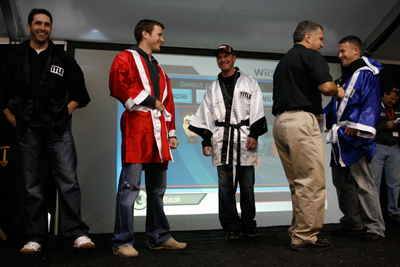 (L-R): Elliott Sadler, Kasey Kahne, Clint Bowyer and AJ Allmendinger are introduced before the Wii Boxing tournament during Food City Race Night at Bristol Motor Speedway. (Photo Credit: Getty Images for NASCAR)