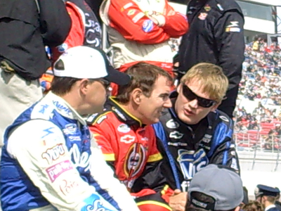 Jason Keller, Mike Bliss and Steve Wallace chat before driver introductions for the Sam's Town 300 at Las Vegas Motor Speedway on Saturday, February 28, 2009 (photo credit: The Fast and the Fabulous)