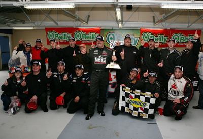 Mike Skinner and his No. 5 Bad Boy Mowers Toyota team celebrate winning the O'Reilly Auto Parts 250 at Kansas Speedway. The win was Skinner's first of the season and the first for the team since becoming Randy Moss Motorsports last summer. (Photo Credit: Darrell Ingham/Getty Images)