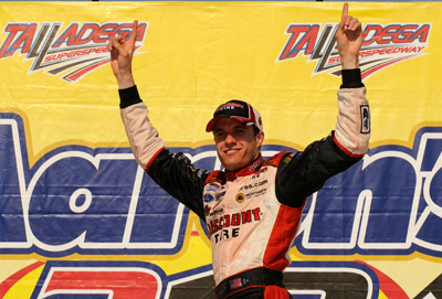 David Ragan, driver of the No. 6 Discount Tire Ford, celebrates his first NASCAR national racing series win Saturday in Victory Lane after capturing the checkered flag at the NASCAR Nationwide Series Aaron's 312 at Talladega Superspeedway. (Photo Credit: Rusty Jarrett/Getty Images for NASCAR)