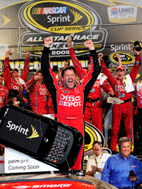 Tony Stewart celebrates winning the NASCAR Sprint All-Star Race, his first victory as a team owner. Stewart joined Geoffrey Bodine (1994) as the only two driver/owners to win the NASCAR Sprint All-Star Race. (Photo Credit: Rusty Jarrett/Getty Images for NASCAR)