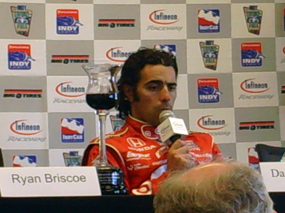 Dario Franchitti chats with the media on Sunday, August 23, 2009 at the Indy Grand Prix of Sonoma at Infineon Raceway (photo credit: The Fast and the Fabulous)