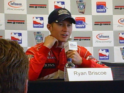 Ryan Briscoe speaks with the media on Sunday, August 23, 2009 at the Indy Grand Prix of Sonoma at Infineon Raceway (photo credit: The Fast and the Fabulous)