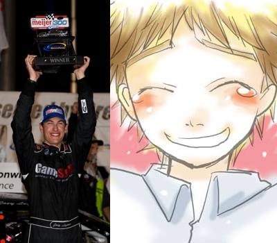Joey Logano Anime comparison (left photo credit: Getty Images for NASCAR)