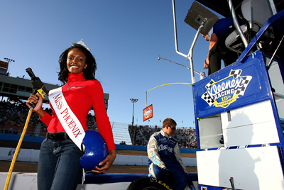 Miss Phoenix Ursulline Okonkwo served as an honorary crew member for Baker-Curb Racing during the Able Body Labor 200 at Phoenix International Raceway. (Photo Credit: Darrell Ingham/Getty Images)