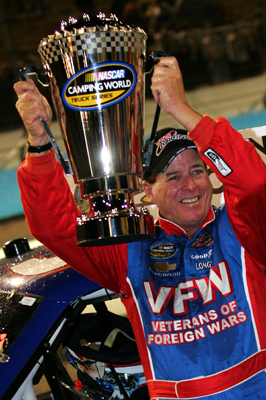 Ron Hornaday Jr. celebrates winning his fourth NASCAR Camping World Truck Series championship. Hornaday is the oldest driver to win a championship in NASCAR's three national series. (Photo Credit: Todd Warshaw/Getty Images for NASCAR)
