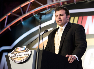Donny Lia gives his championship speech. (Photo Credit: Chris Keane/Getty Images for NASCAR)