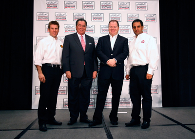 At the Earnhardt Ganassi Racing NASCAR Sprint Cup Media Tour stop Thursday in Concord, N.C., Jamie McMurray, Felix Sabates, Chip Ganassi and Juan Pablo Montoya pose for a team photo. (Credit: Jason Smith/Getty Images)