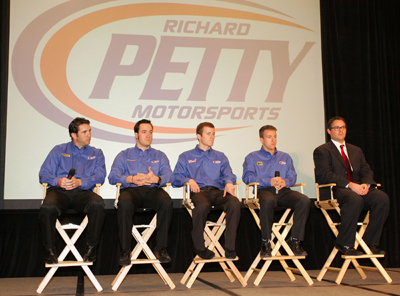 (Left to right) Richard Petty Motorsports' Elliott Sadler, Paul Menard, Kasey Kahne, AJ Allmendinger and Foster Gillett answer questions during the NASCAR Sprint Media Tour Tuesday in Concord, N.C. (Credit: Harold Hinson Photography)