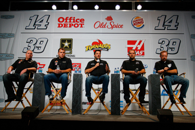 No. 39 crew chief Tony Gibson, NASCAR Sprint Cup Series drivers Ryan Newman and Tony Stewart, No. 14 crew chief No. Darian Grubb and Stewart-Haas Racing competition director Bobby Hutchens meet the media during the NASCAR Sprint Media Tour Monday.(Credit: Jason Smith/Getty Images)