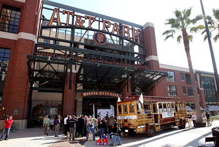 A cable car that carried Daytona 500 champion Jamie McMurray through San Francisco on his victory tour is parked at Willie Mays Plaza in front of AT&T Park on February 17, 2010 in San Francisco, California. (Photo by Ezra Shaw/Getty Images)