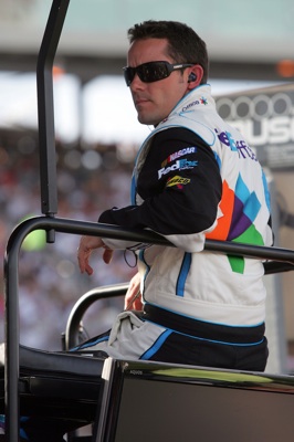 Casey Mears sits on the No. 11 team pit box ready to take over relief driving duty for Denny Hamlin. Hamlin was able to complete the entire race despite knee surgery a week and a half ago.(Credit: Jerry Markland/Getty Images for NASCAR)