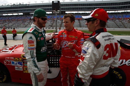 (Left to right) Dale Earnhardt Jr., future Hendrick Motorsports teammate Kasey Kahne and Greg Biffle talk on pit road during Coors Light Pole qualifying Friday at Texas Motor Speedway in Fort Worth, Texas. (Credit: Chris Graythen/Getty Images)