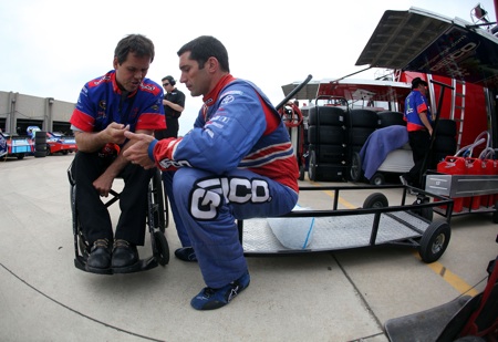 Crew chief Bootie Barker talks with driver Max Papis during practice Friday at Texas Motor Speedway in Fort Worth, Texas. Papis qualified the No. 13 Geico Toyota for Sunday's NASCAR Sprint Cup Series Samsung Mobile 500. (Credit: Jonathan Ferrey/Getty Images for NASCAR)