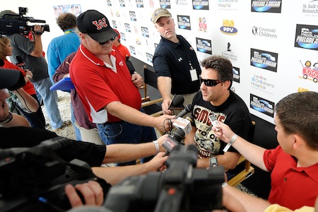 Tony Stewart, driver of the #14, talks to the media during the Gillette Fusion ProGlide Prelude to the Dream at Eldora Speedway on June 9, 2010 in Rossburg, Ohio. (Photo by John Harrelson/Getty Images for True Speed Communication)