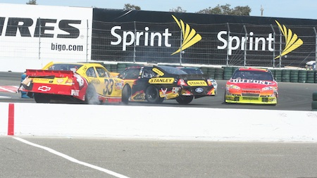 Clint Bowyer (33) gets turned around into the side of Elliot Sadler's car Sunday during the Toyota Save Mart 350 at Infineon Raceway in Sonoma. (photo credit: Tyler Takeda/The Madera Tribune)