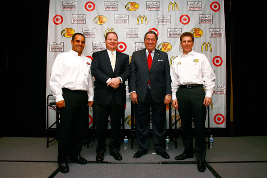 (Left to right) Juan Pablo Montoya, NASCAR Sprint Cup Series driver, team owners Chip Ganassi and Felix Sabates and Jamie McMurray, defending Daytona 500 champion, pose for a picture during the Earnhardt Ganassi Racing stop on the 2011 Sprint Media Tour hosted by Charlotte Motor Speedway on Monday at the Hilton Charlotte University Place in Charlotte, N.C.(Credit: Jason Smith/Getty Images for NASCAR)
