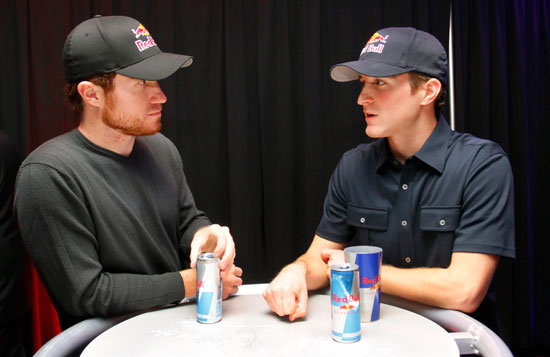 (Left to right) Brian Vickers, driver of the No. 83 Red Bull Toyota, speaks with Kasey Kahne, driver of the No. 4 Red Bull Toyota, during the NASCAR Sprint Media Tour hosted by Charlotte Motor Speedway, held at Hilton University on Tuesday in Charlotte, N.C.(Credit: Jason Smith/Getty Images for NASCAR)