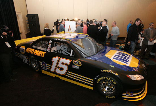 Michael Waltrip's familiar No. 15 NAPA car is on display during the NASCAR Sprint Media Tour hosted by Charlotte Motor Speedway, held at Hilton University on Tuesday in Charlotte, N.C. (Credit: Harold Hinson/HHP)