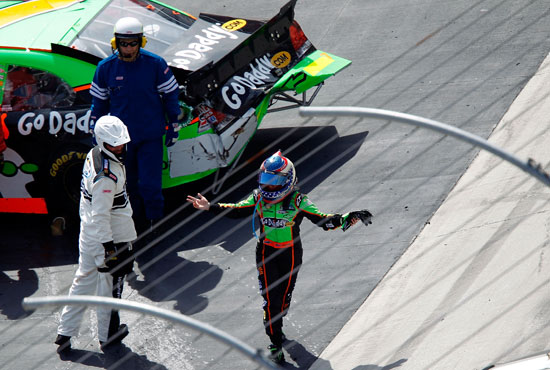Danica Patrick shows her frustration after an incident on lap 248 during the Scotts EZ Seed 300 at Bristol Motor Speedway (Credit: Geoff Burke/Getty Images for NASCAR)