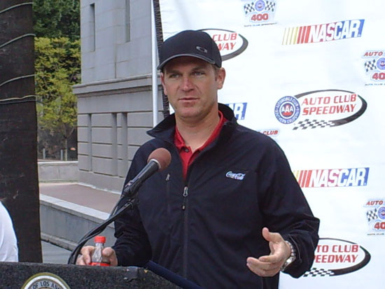 Clint Bowyer answers questions on the steps of City Hall in Los Angeles