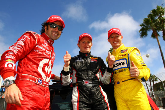 Dario Franchitti (3rd place), Mike Conway (winner!), and Ryan Briscoe (2nd place)