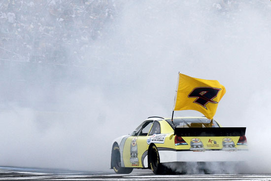 Kasey Kahne was the first winner of the day at Charlotte Motor Speedway, winning the Pennzoil Ultra Victory Challenge, AKA the burnout contest. (Credit: Jason Smith/Getty Images for NASCAR)