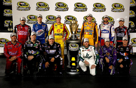(Back row L-R) Tony Stewart, Brad Keselowski, Kurt Busch, Kyle Busch, Jimmie Johnson and Jeff Gordon (front row L-R) Kevin Harvick, Carl Edwards, Ryan Newman, Dale Earnhardt Jr., Matt Kenseth and Denny Hamlin pose after clinching spots in the Chase for the NASCAR Sprint Cup following the NASCAR Sprint Cup Series Wonderful Pistachios 400 at Richmond International Raceway on Saturday. (Credit: Jeff Zelevansky/Getty Images)