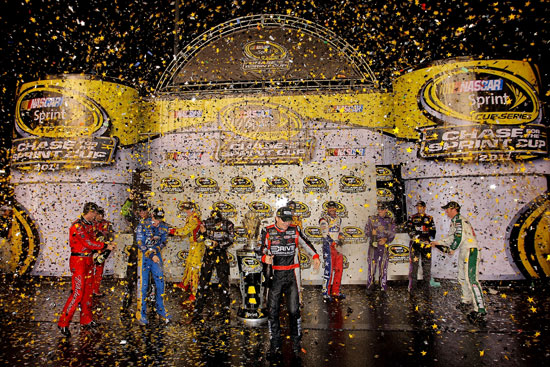 The 2011 Chase for the NASCAR Sprint Cup field celebrates after the NASCAR Sprint Cup Series Wonderful Pistachios 400 on Saturday at Richmond International Raceway. (Credit: Justin Edmonds/Getty Images for NASCAR)