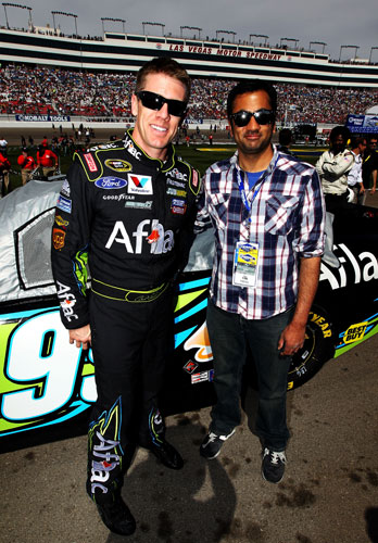 Defending NASCAR Sprint Cup Series Kobalt Tools 400 race winner Carl Edwards welcomes actor Kal Penn, from the 'Harold and Kumar' movies, on Sunday to Las Vegas Motor Speedway in Las Vegas, Nev. (Credit: Jeff Bottari/Getty Images for NASCAR)