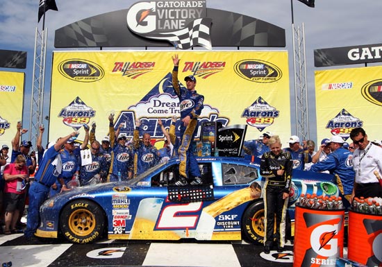 Brad Keselowski and the No. 2 Miller Lite Penske Dodge team celebrate in Victory Lane after the NASCAR Sprint Cup Series Aaron's 499 on Sunday in Talladega, Ala. (Credit: Jerry Markland/Getty Images for NASCAR)